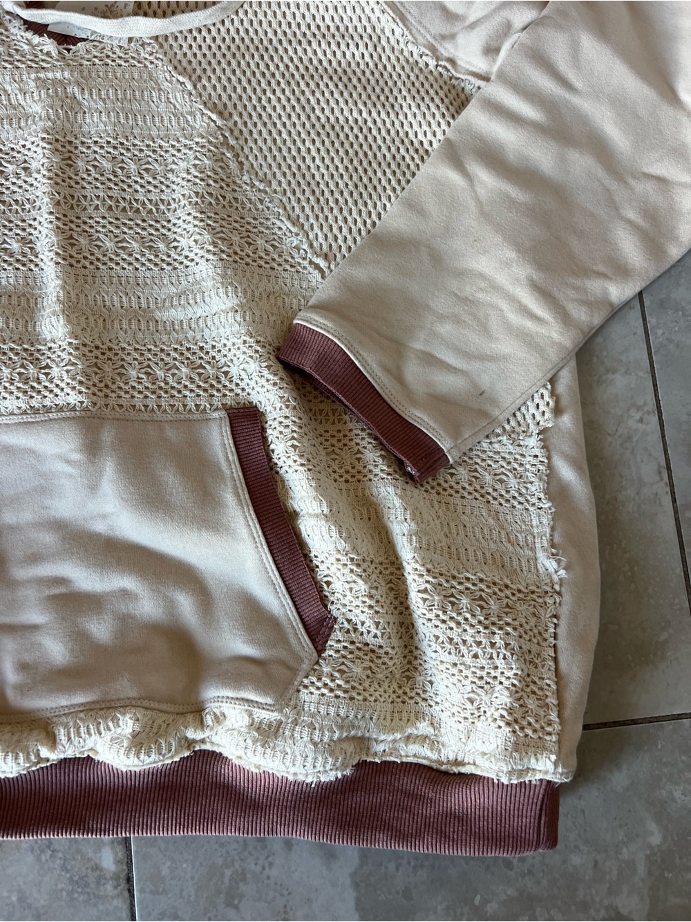 Hem & Thread Cream V-Neck Hooded Sweater with Mauve Trim - Picture 4 of 6